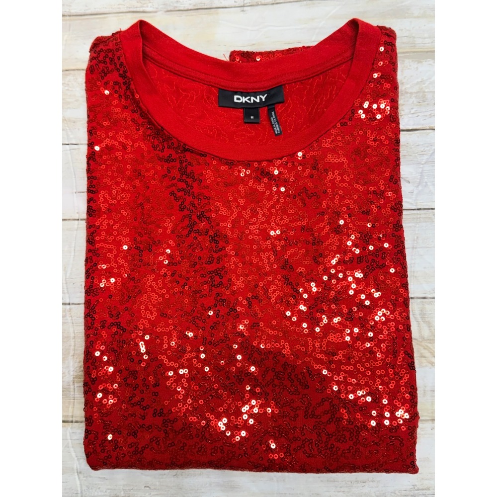 DKNY Red Sequin Short Sleeve Top Crew Neck Holiday Party Shirt Womens Medium